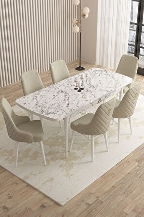 Mazaka Beyaz Mermer 80x132Açılabilir Mdf Masa Yemek Odası Takımı,Mutfak Takımı 6 Adet Sandalye