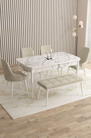 Mazaka Beyaz Mermer 80x132 Açılabilir Mdf Masa Yemek Odası Takımı, Mutfak Takımı 4 Sandalye 1 Bench
