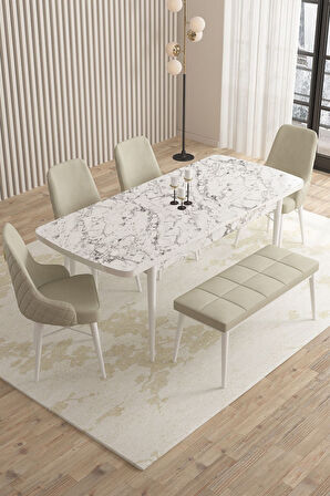 Mazaka Beyaz Mermer 80x132 Açılabilir Mdf Masa Yemek Odası Takımı, Mutfak Takımı 4 Sandalye 1 Bench