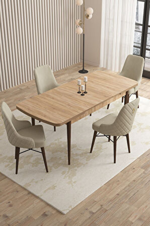 Mazaka Meşe Desen 80x132 Açılabilir Mdf Masa Yemek Odası Takımı, Mutfak Takımı 4 Adet Sandalye