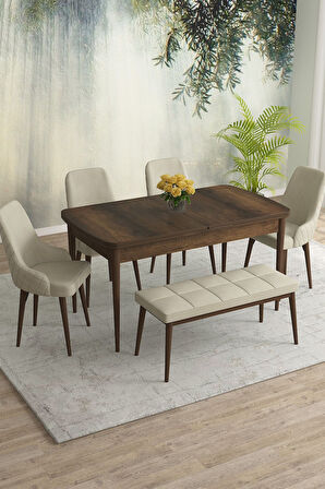 Meri Serisi Barok 80x132 Açılabilir Mdf Masa Yemek Odası Takımı, Mutfak Takımı 4 Sandalye 1 Bench