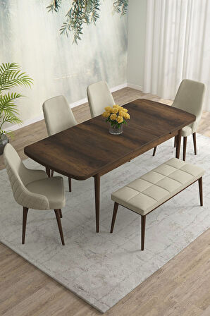 Meri Serisi Barok 80x132 Açılabilir Mdf Masa Yemek Odası Takımı, Mutfak Takımı 4 Sandalye 1 Bench