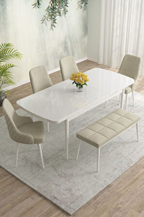 Meri Serisi Beyaz 80x132 Açılabilir Mdf Masa Yemek Odası Takımı,Mutfak Masa Takımı 4 Sandalye 1Bench