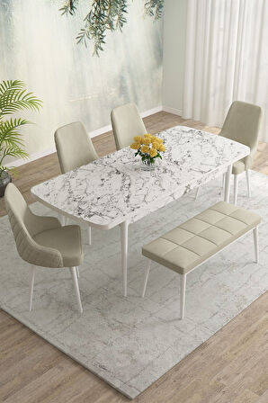 Meri Beyaz Mermer 80x132 Açılabilir Mdf Masa Yemek Odası Takımı,Mutfak Masa Takımı 4 Sandalye 1Bench
