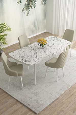 Meri Beyaz Mermer 80x132 Açılabilir Mdf Masa Yemek Odası Takımı,Mutfak Takımı 4 Adet Sandalye