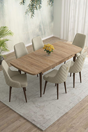 Meri Serisi Meşe Desen 80x132 Açılabilir Mdf Masa Yemek Odası Takımı, Mutfak Takımı 6 Adet Sandalye