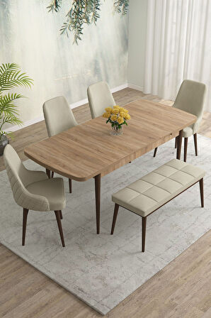 Meri Serisi Meşe Desen 80x132 Açılabilir Mdf Masa Yemek Odası Takımı,Mutfak Takımı 4 Sandalye 1Bench