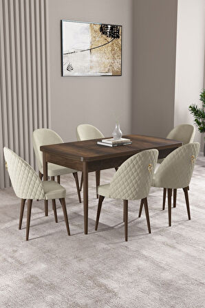 ​​​​​​​Milas Barok Desen 80x132 Açılabilir Mdf Masa Yemek Odası Takımı, Mutfak Takımı 6 Sandalye