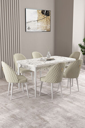 Milas Beyaz Mermer Desen 80x132 Açılabilir Mdf Masa Yemek Odası Takımı, Mutfak Takımı 6 Sandalye