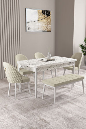 Milas Beyaz Mermer 80x132 Açılabilir Mdf Masa Yemek Odası Takımı, Mutfak Takımı 4 Sandalye, 1 Bench