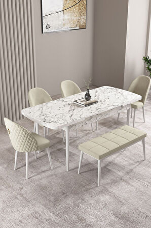 Milas Beyaz Mermer 80x132 Açılabilir Mdf Masa Yemek Odası Takımı, Mutfak Takımı 4 Sandalye, 1 Bench