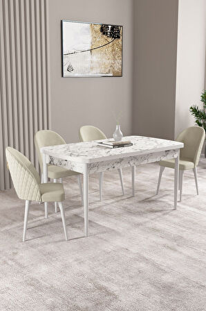 Milas Beyaz Mermer Desen 80x132 Açılabilir Mdf Masa Yemek Odası Takımı, Mutfak Takımı 4 Sandalye
