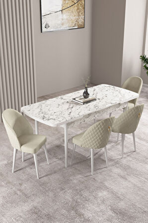 Milas Beyaz Mermer Desen 80x132 Açılabilir Mdf Masa Yemek Odası Takımı, Mutfak Takımı 4 Sandalye