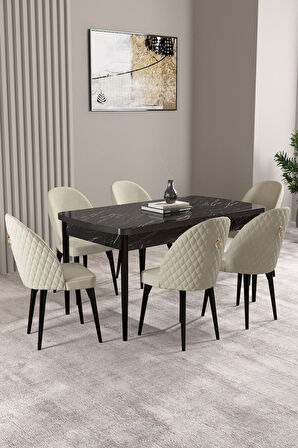Milas Siyah Mermer Desen 80x132 Açılabilir Mdf Masa Yemek Odası Takımı,Mutfak Takımı 6 Adet Sandalye