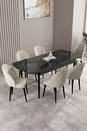 Milas Siyah Mermer Desen 80x132 Açılabilir Mdf Masa Yemek Odası Takımı,Mutfak Takımı 6 Adet Sandalye