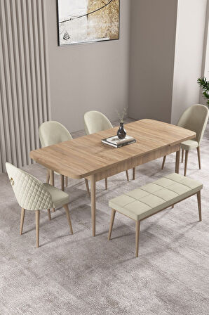 Milas Meşe Desen 80x132 Açılabilir Mdf Masa Yemek Odası Takımı, Mutfak Takımı 4 Sandalye, 1 Bench