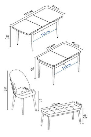 Milas Meşe Desen 80x132 Açılabilir Mdf Masa Yemek Odası Takımı, Mutfak Takımı 4 Sandalye, 1 Bench