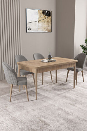 Milas Meşe Desen 80x132 Açılabilir Mdf Masa Yemek Odası Takımı, Mutfak Takımı 4 Adet Sandalye