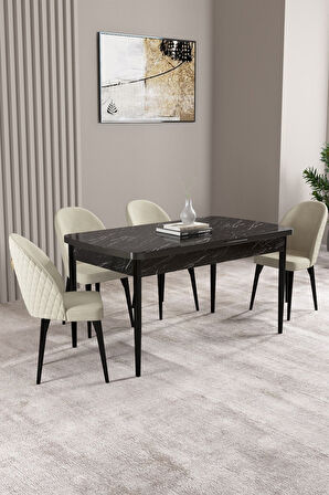 Milas Siyah Mermer Desen 80x132 Açılabilir Mdf Masa Yemek Odası Takımı,Mutfak Takımı 4 Adet Sandalye