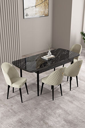Milas Siyah Mermer Desen 80x132 Açılabilir Mdf Masa Yemek Odası Takımı,Mutfak Takımı 4 Adet Sandalye