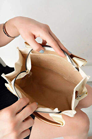 Kadın Krem Kanvas Çapraz Askılı Mini The Tote Bag El Omuz Çanta