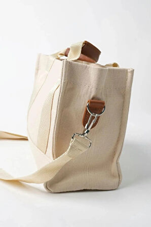 Kadın Krem Kanvas Çapraz Askılı Mini The Tote Bag El Omuz Çanta