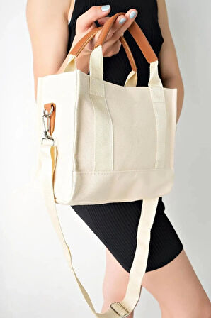 Kadın Krem Kanvas Çapraz Askılı Mini The Tote Bag El Omuz Çanta