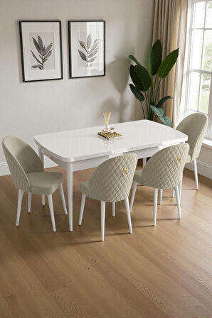 Mura Beyaz 80x132 Açılabilir Mdf Masa Yemek Odası Takımı, Mutfak Takımı 4 Adet Sandalye