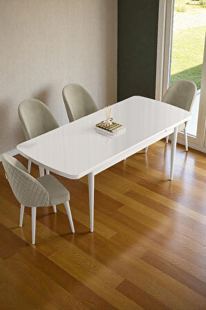 Mura Beyaz 80x132 Açılabilir Mdf Masa Yemek Odası Takımı, Mutfak Takımı 4 Adet Sandalye