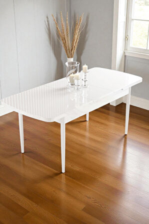 Mura Beyaz 80x132 Açılabilir Mdf Masa Yemek Odası Takımı, Mutfak Takımı 4 Adet Sandalye