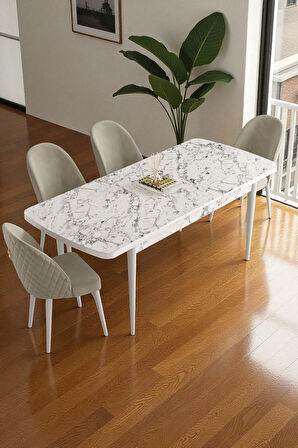 Mura Beyaz Mermer 80x132 Açılabilir Mdf Masa Yemek Odası Takımı, Mutfak Takımı 4 Adet Sandalye