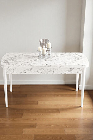 Mura Beyaz Mermer 80x132 Açılabilir Mdf Masa Yemek Odası Takımı, Mutfak Takımı 4 Adet Sandalye