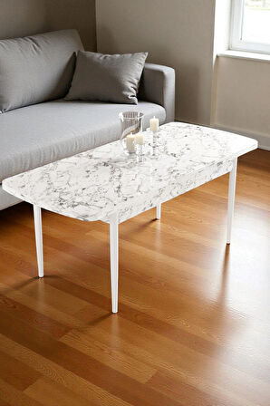 Mura Beyaz Mermer 80x132 Açılabilir Mdf Masa Yemek Odası Takımı, Mutfak Takımı 4 Adet Sandalye