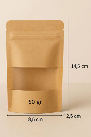Kraft Pencereli Doypack - 50 gr - 8.5 x 14.5 x 2.5 cm (100 adet)