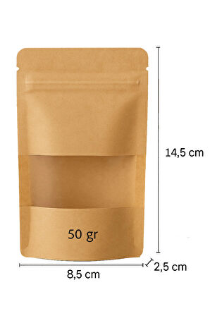 Kraft Pencereli Doypack - 50 gr - 8.5 X 14.5 X 2.5 Cm (50 ADET)