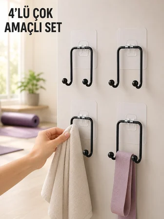 4'Lü Duvar Tipi Yapışkanlı Askı Pratik Ev Banyo Askılık Seti