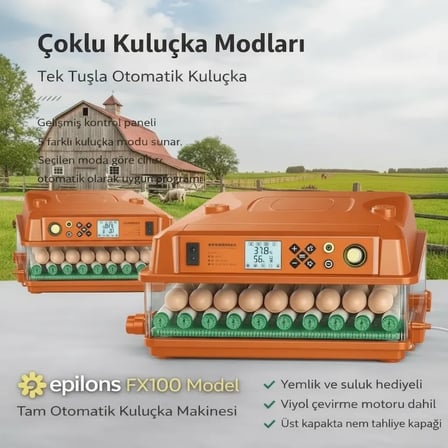 Fx100 Tam Otomatik Kuluçka Makinesi – 100 Yumurta Kapasiteli | Yeni Nesil Havalandırma | Otomatik Mo
