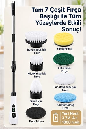 Turbo Clean Elektrikli Temizlik Fırçası 7 Başlıklı Şarjlı Döner Fırça