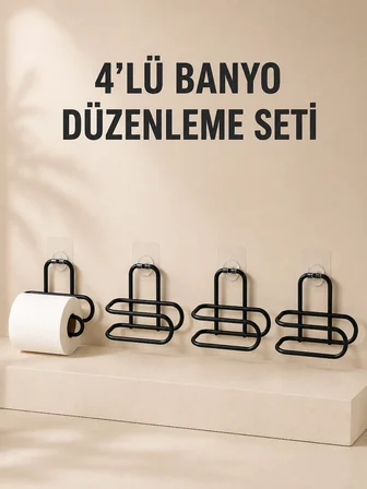 4 Adet Yapışkanlı Tuvalet Kağıdı Askısı Siyah Metal Delmeden Duvara Monte Wc Kağıtlık