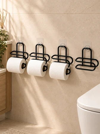 4 Adet Yapışkanlı Tuvalet Kağıdı Askısı Siyah Metal Delmeden Duvara Monte Wc Kağıtlık