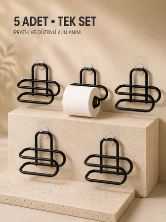 Delmeden Monte Tuvalet Kağıdı Askısı Siyah Metal Yapışkanlı Banyo Kağıtlığı 5’Li Set