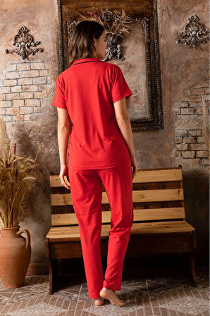 Milan Kumaş Gömlek Yaka  Kısa Kollu Kadın Pijama Takımı HomeWear