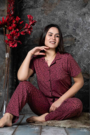Milan Kumaş Gömlek Yaka  Kısa Kollu Kadın Pijama Takımı HomeWear
