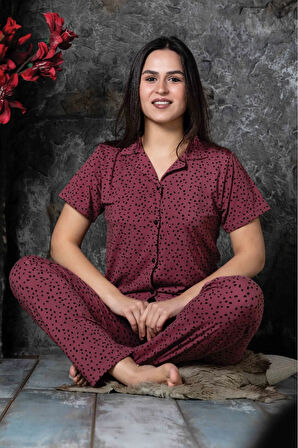 Milan Kumaş Gömlek Yaka  Kısa Kollu Kadın Pijama Takımı HomeWear