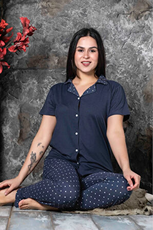 Milan Kumaş Gömlek Yaka  Kısa Kollu Kadın Pijama Takımı HomeWear