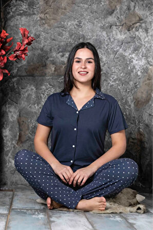 Milan Kumaş Gömlek Yaka  Kısa Kollu Kadın Pijama Takımı HomeWear