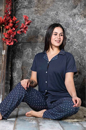 Milan Kumaş Gömlek Yaka  Kısa Kollu Kadın Pijama Takımı HomeWear