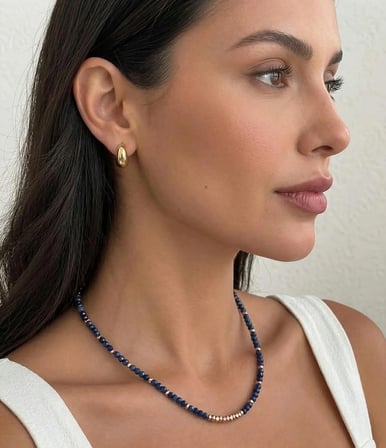 Kristal Taş Kolye, Hematit ve Kristal Mavi Taşlı Kadın Kolye, Kadın Hediye Minimal Taş Kolye, Lacivert Rose Kolye