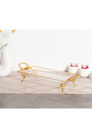 Paşabahçe Kristal Metal Ayaklı Yaldızlı Sunumluk Kurabiyelik Tepsii