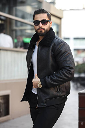 Kürk Yaka Ribanalı Deri Ceket - Kürklü Şık Model